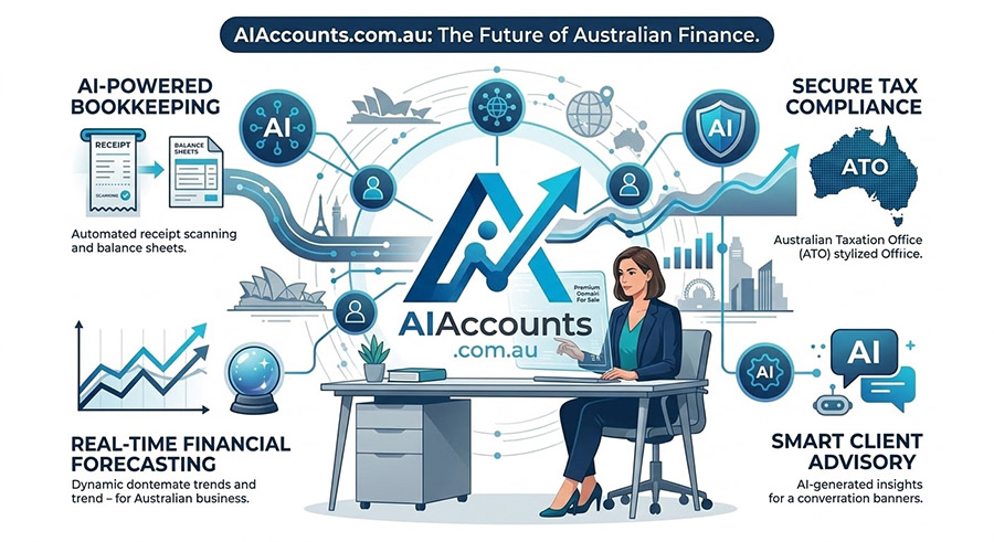 AIAccounts.com.au premium domain for sale, featuring an AI accounting logo and infographic showcasing automated bookkeeping, real-time financial forecasting, ATO tax compliance, and smart client advisory for Australian fintech and accounting businesses.