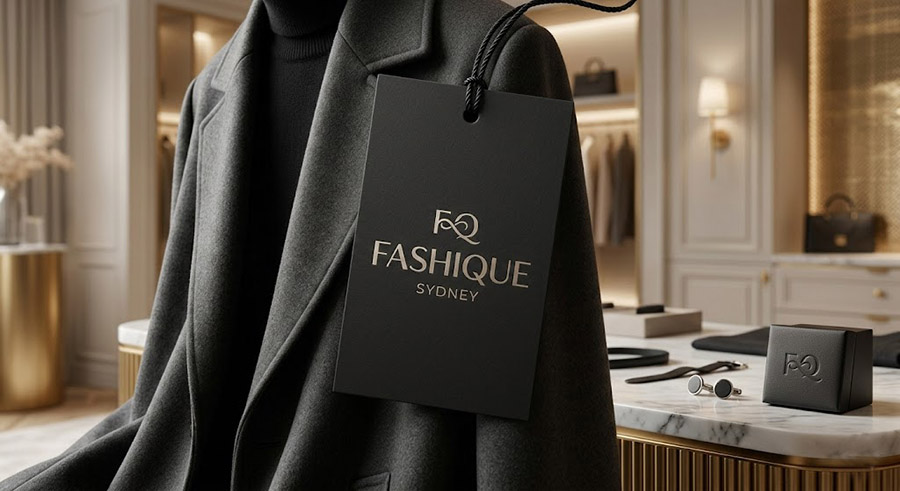 Fashique.com.au luxury brand identity mockup on a premium garment tag for high-end Australian fashion boutique marketing